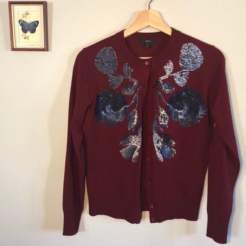 J Crew cardigan burgundy with navy sequins